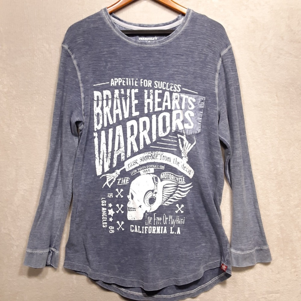 Tranquility Mayhem Mens Graphic Thermal Sz.XL/Blue/Skull-Motorcycle/Brave Hearts